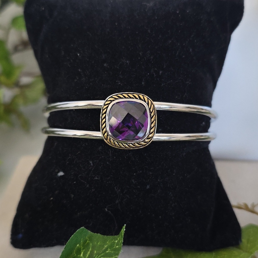 Silver Steel Open Cuff Bracelet with Purple Amethyst Color Stone